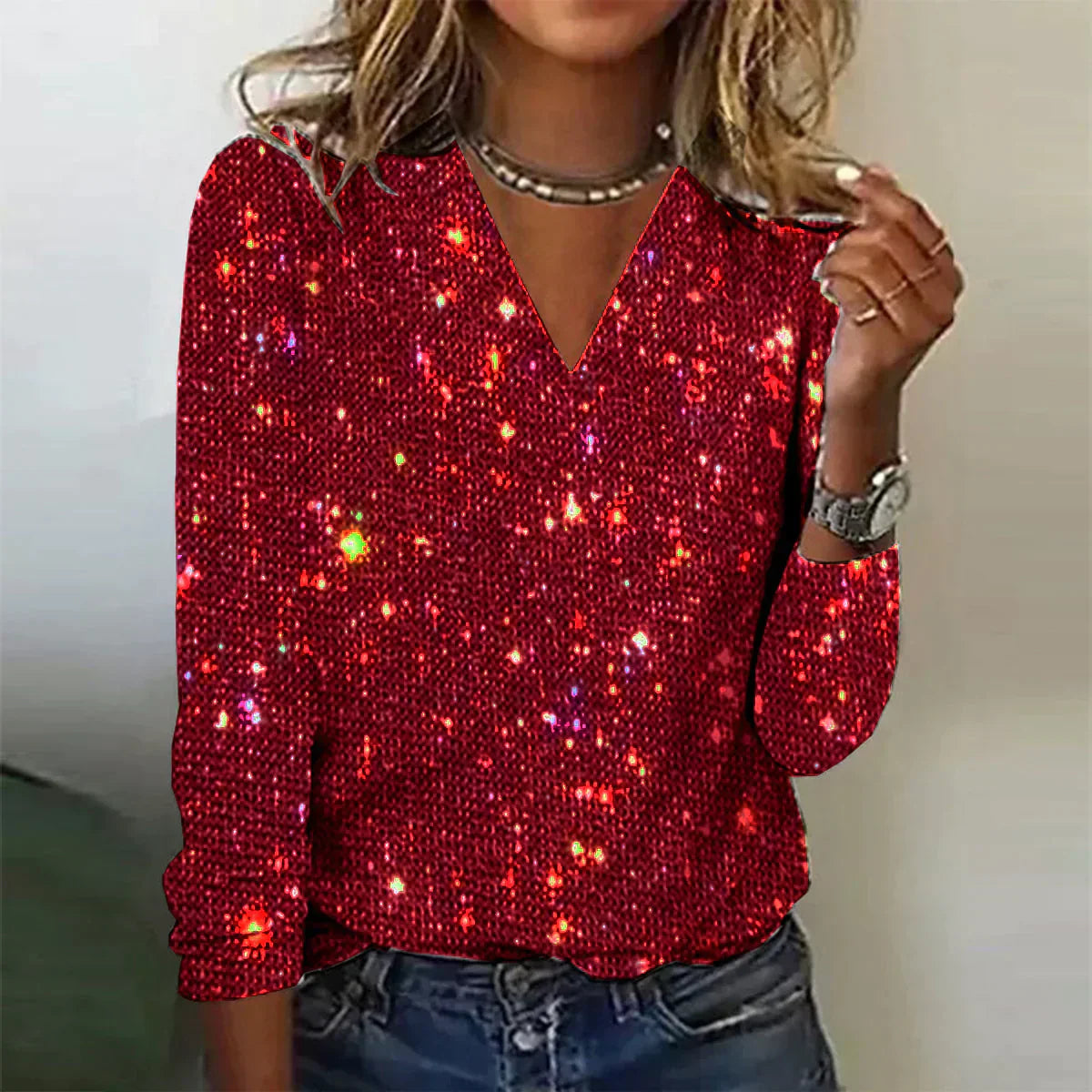 Priscilla - Glitzernder Pullover mit V-Ausschnitt